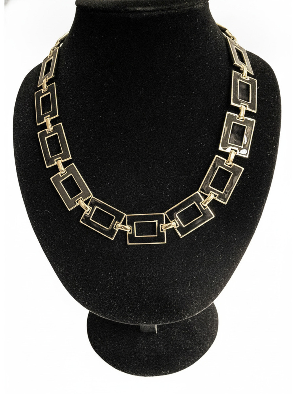 Vintage Reversible Geometric Gold Tone Black Enamel Link Collar Choker Necklace